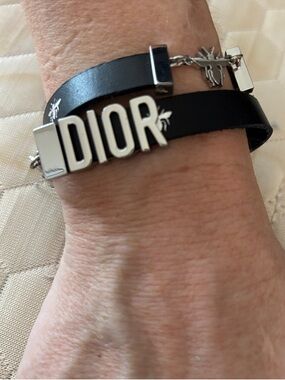 Dior Black Leather Double-Wrap Bracelet with Silver Bee Design